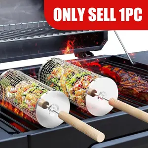 Round Barbecue Grill Basket Set, Barbecue Utensils, Stainless Steel Rolling BBQ Cage, Wire Mesh Cylinder Grilling Rack, Outdoor Camping Essential Tool, BBQ Tools, Barbecue Accessories