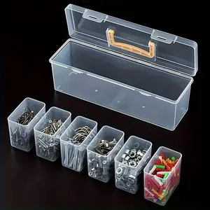 Tool Storage Box, Small Parts Organizer, Hardware Container, Transparent Plastic with 1 Outer Box & 6 Removable Inner Dividers, for Screws, Nuts, Electronics, Crafts, Fishing & Garage Organization