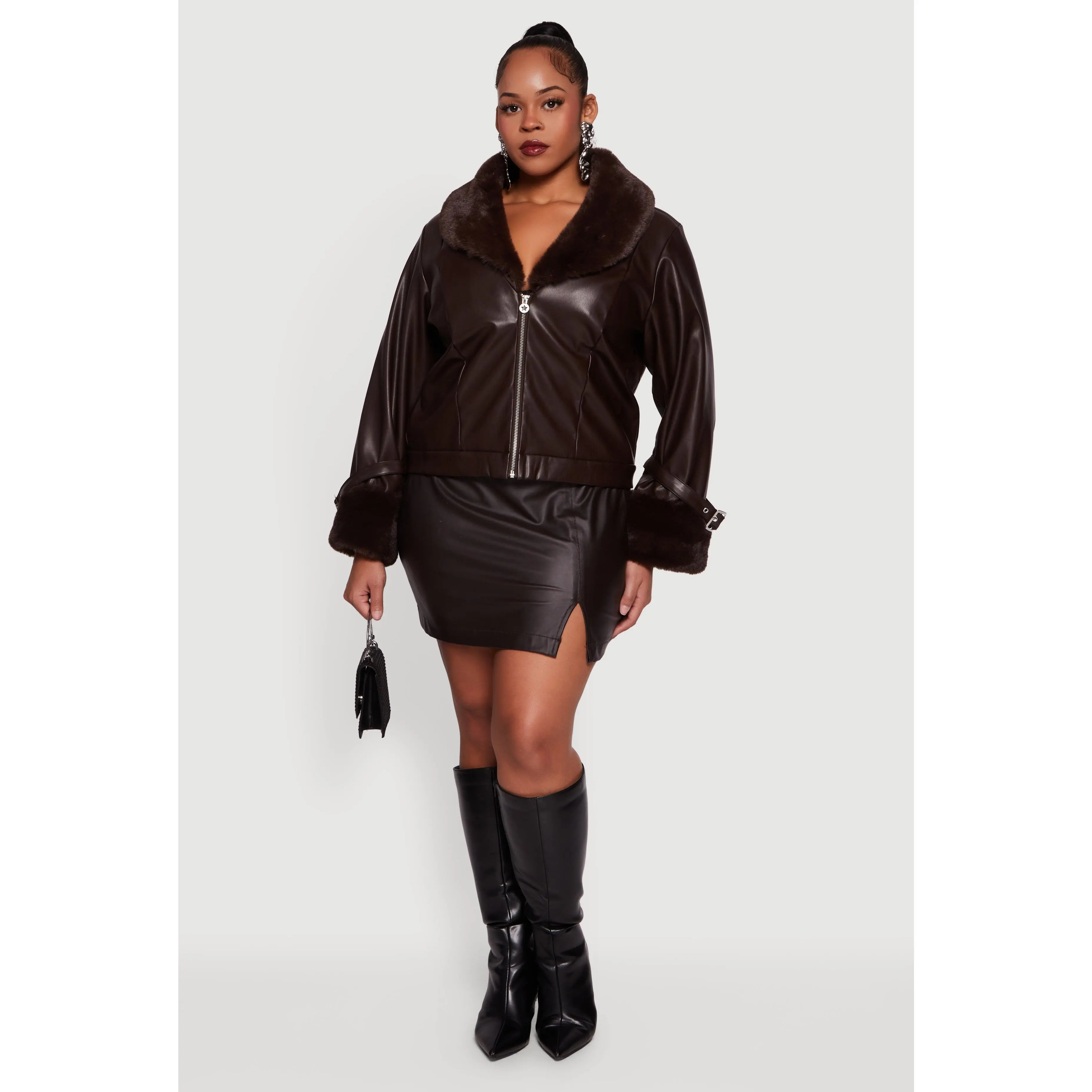 Plus Size Faux Leather Jacket with Faux Fur Trim