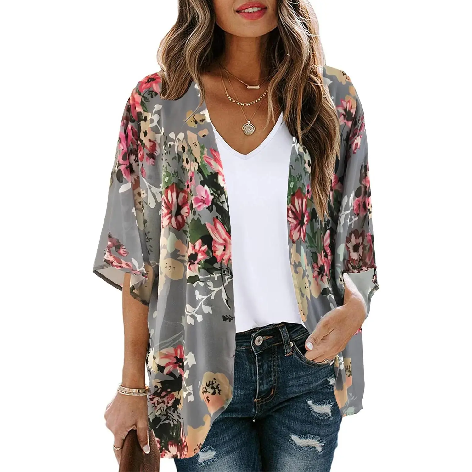 Women's Casual Floral Print Kimono Cardigan with Puff Sleeves, Open-Front Relaxed Fit Beach Cover Up, Trending, Lady, Women's Clothes, Cardigan For Women