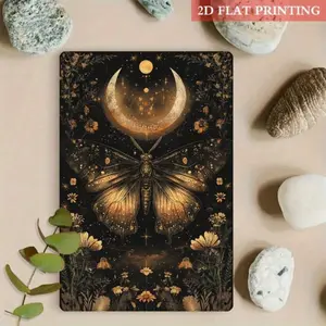 Metal Wall Art Decor 2D Flat Golden Moth & Crescent Moon 8x12 Inch Iron Boho Celestial Wall Decor With Floral Design For Living