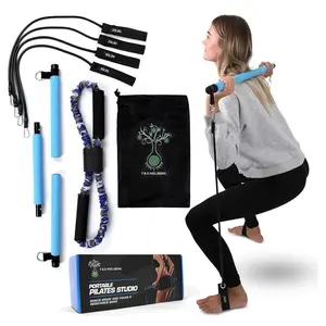 Pilates Bar Kit Home Gym Equipment - Portable 3 Sections Bar with Resistance Bands for Body Sculpting and Exercise