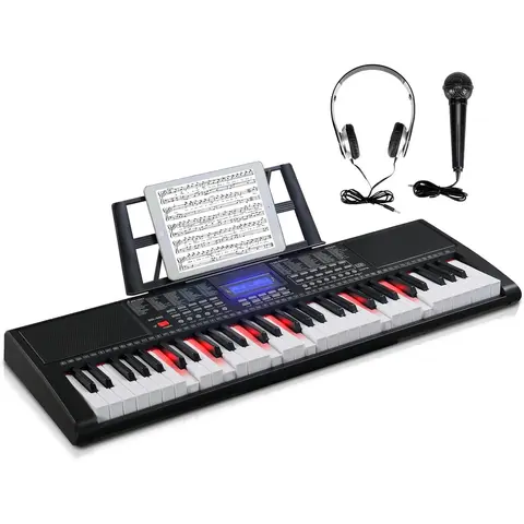 GLARRY 61-Key Electronic Keyboard Piano Set for Beginners, Portable Lighted-Key Instrument with LCD Display, Microphone, Headphones, 3 Teaching Modes, Built-In Speakers, Split/Touch Control, 300 Rhythms, Great Birthday Gift for Beginner Keyboard Users