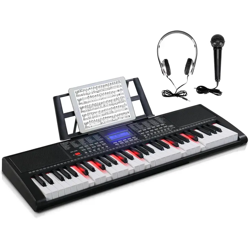 GLARRY 61-Key Electronic Keyboard Piano Set for Beginners, Portable Lighted-Key Instrument with LCD Display, Microphone, Headphones, 3 Teaching Modes, Built-In Speakers, Split/Touch Control, 300 Rhythms, Great Birthday Gift for Beginner Keyboard Users