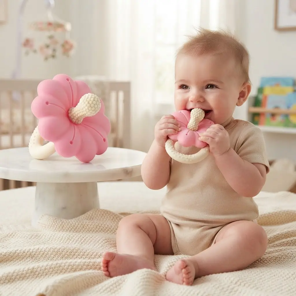 Baby Silicone Flower Teether Pacifier, BPA-Free Nipple-Shaped Teething Toy for Babies 0-6 6-12 Months, Sensory Chew Toy with Hands-Free Design, Freezable Teething Relief Toy, Halloween Gift & Birthday Party Favor