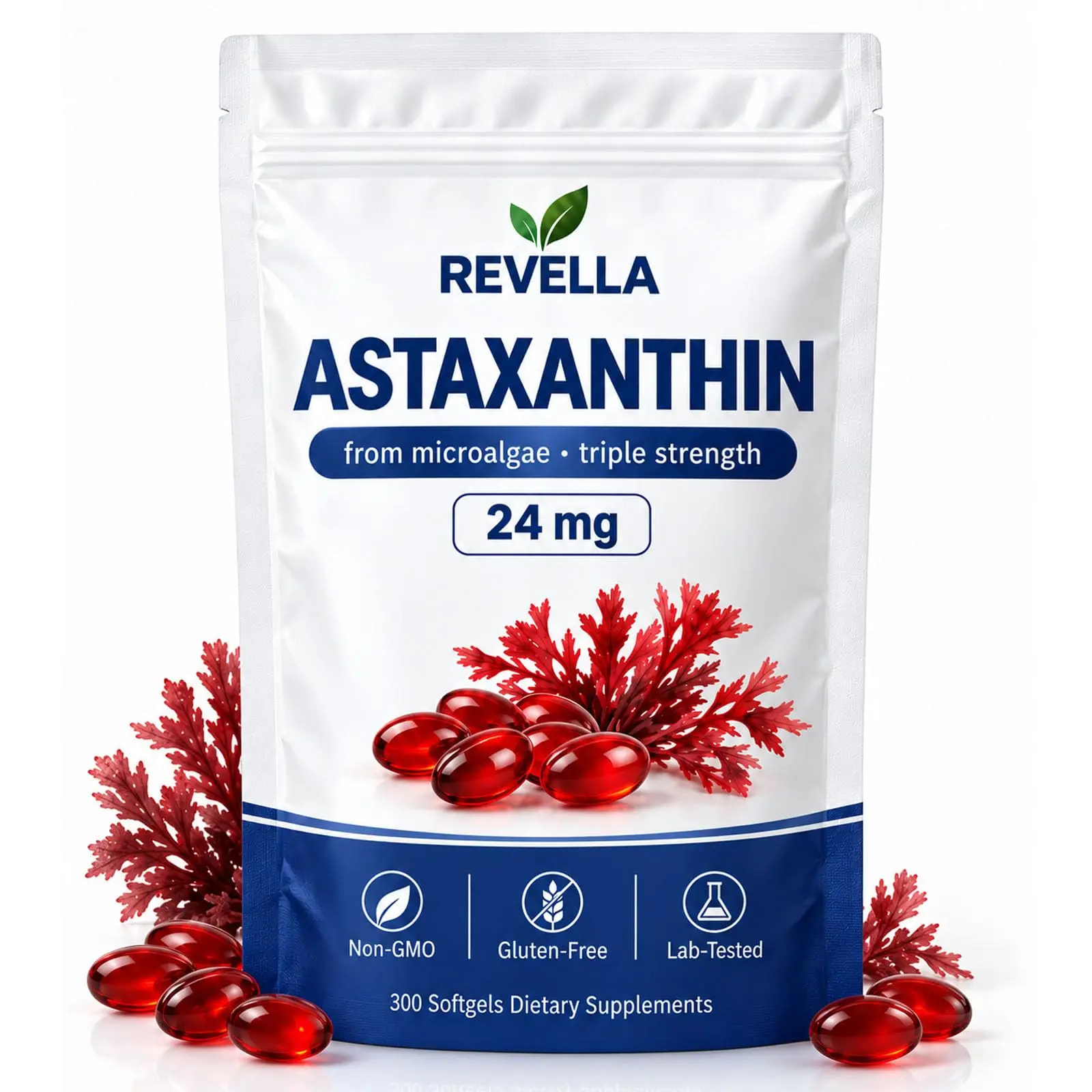 Revella Astaxanthin 24 mg Triple Strength from Microalgae 300 Softgels Non-GMO Gluten-Free Lab-Tested Dietary Supplements