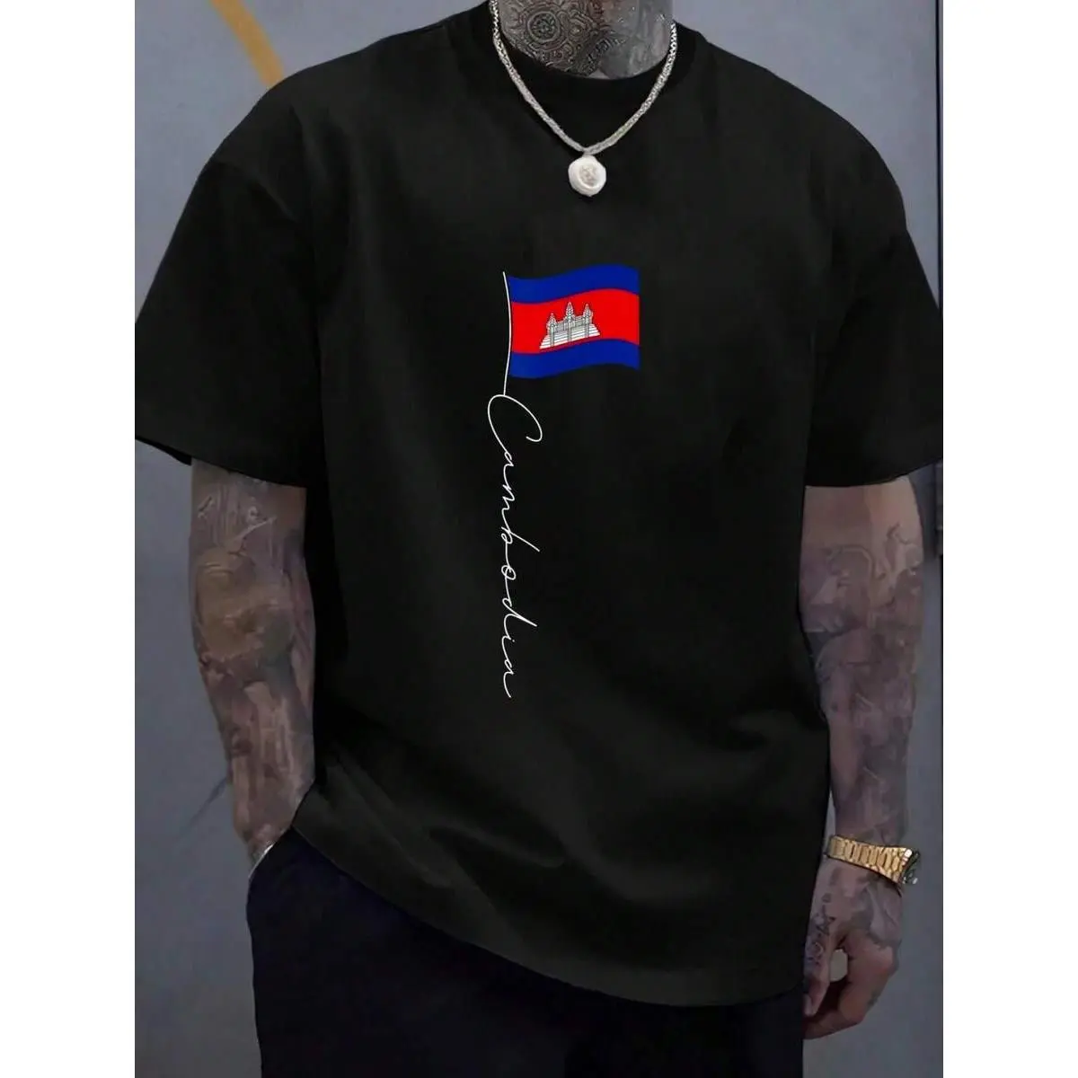 100% Cotton Cambodia Signature Flag Pole - Patriotic Cambodian Flag T-Shirt Women's Men's Graphic Tee Causal Tops Fashion Tshirt Short Sleeve T-Shirt