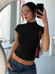 Aloruh Women's Autumn/Winter Short Sleeve Turtleneck Raglan Sleeve Slim Fit Thin Fleece Knit Sweater