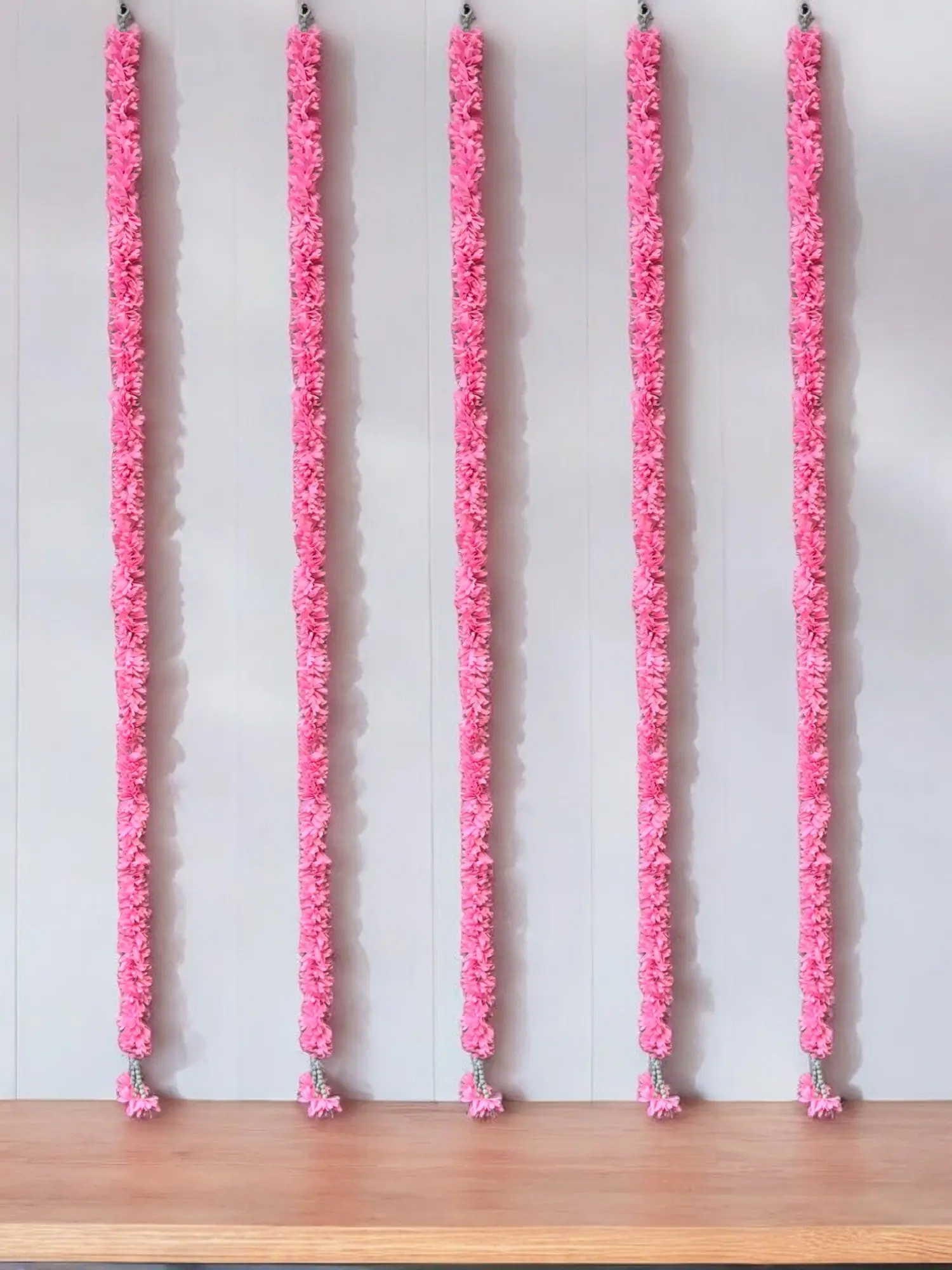 Beautiful 5 Feet Long Artificial Flower Lari with White Beads & Flower Tassels Set of 5 for Indian Festival, Indian Wedding, Mehendi, Sangeet, Pooja or Diwali Décor