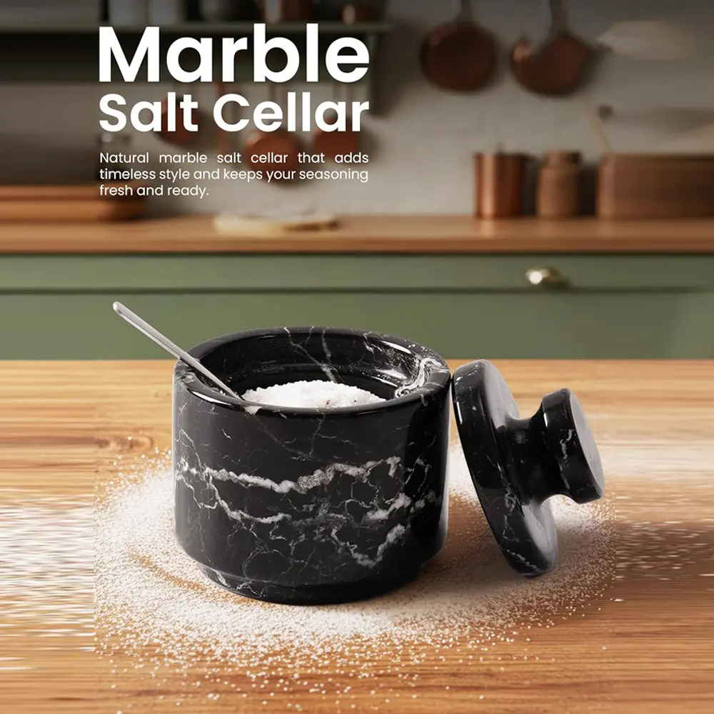 Elborse Marble Salt Cellar Oceanic 3" Flaky Salt Dish for Countertop Ideal Spice Box, Candy Bowl, Brown Sugar Jar with Lid and Spoon, Kitchen Storage