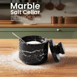 Elborse Marble Salt Cellar with Lid and Spoon 3''  Flaky Salt, Seasoning Containers for Valentine Gifts, Ideal small Spices, Sugar Jars, kitchen accessories
