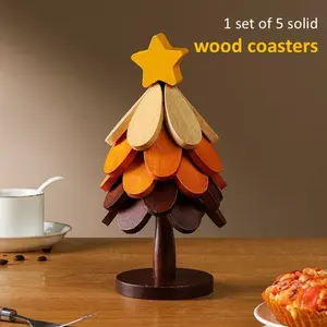 5pcs Star Apple Tree Coaster Set with Stand, Heat-Resistant Table Mats, Foldable Tree Display Design, Reusable Drink Coasters for Hot & Cold Cups, Decorative Home Table Accessory, Practical Gift for Family, Friends, Daily Dining Use