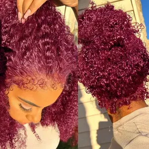180% Density Deep Wave Lace Front Wigs Human Hair 360 Full Lace Deep Curly Wave Glueless Wigs Pre Plucked with Baby Hair 360 99J Burgundy Wet and Wavy Human Hair Wig(34inch)