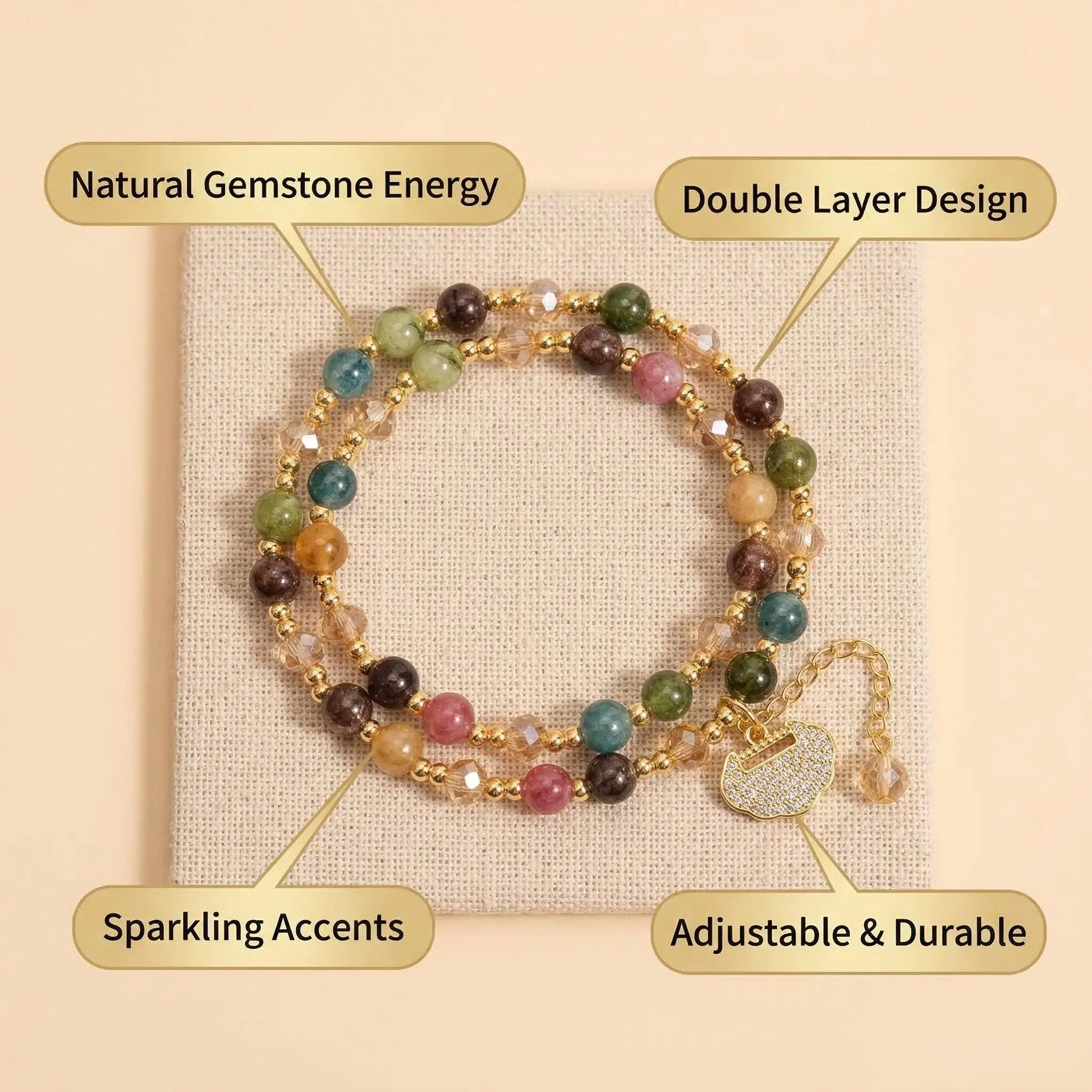Tourmaline Crystal Bracelet for Women, Colorful Double Strand Beaded Design with Peace Lock Lucky Charm, Auspicious Jewelry for Good Fortune, Crystal Colors Bracelets & Bangles, Adults, Attracts Wealth