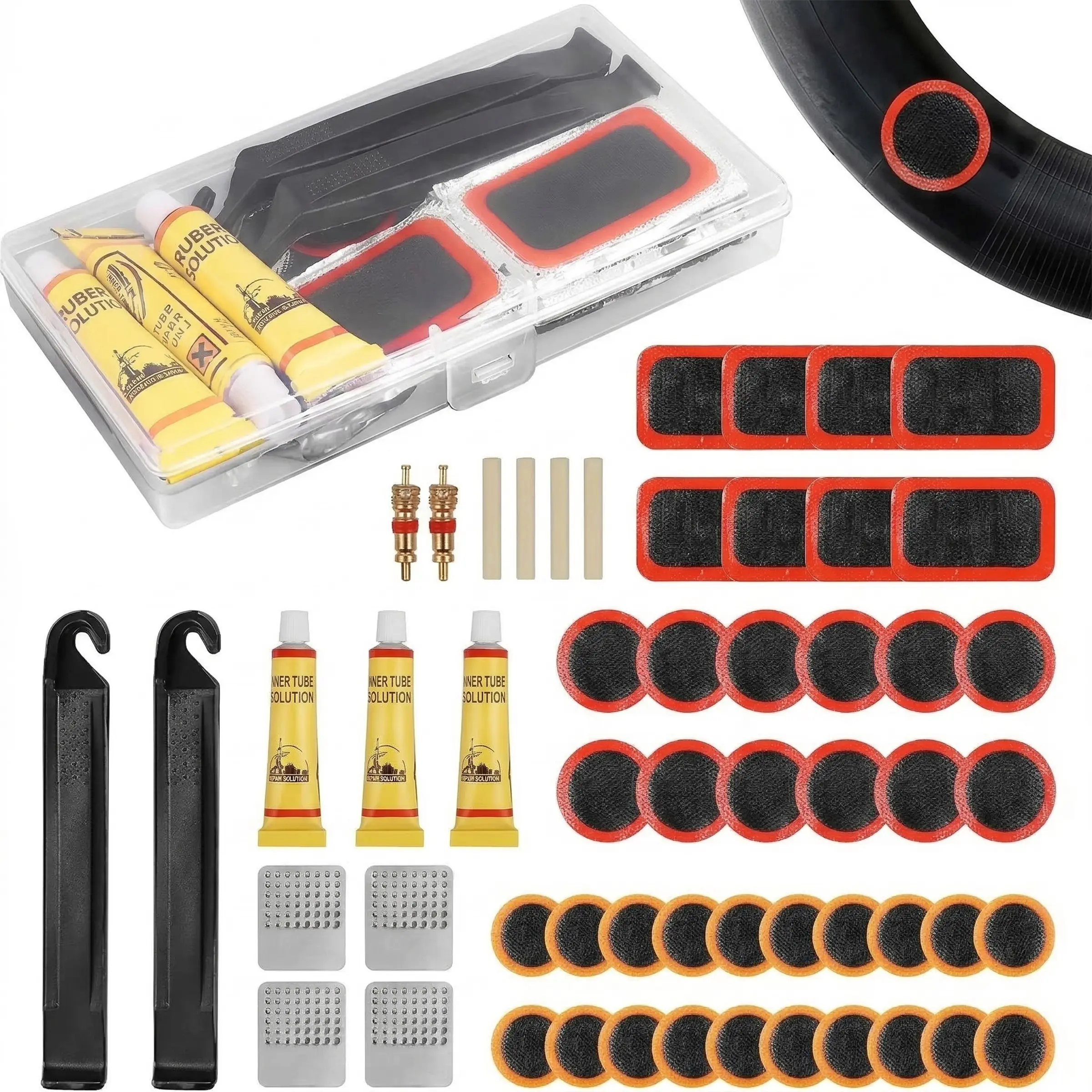 Bike Tire Repair Kit, 55 Pcs Bike Tube Patch Kit with Levers, Tire Patch and Glue, Ideal for Mountain and Road Bikes, Versatile Use, Essential Cycling Gear, Tools, Bike Accessories