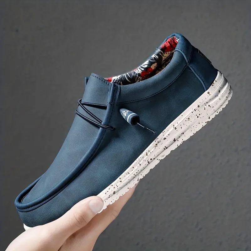 Men's Blue Casual Slip-On Loafer Shoes, Flat Synthetic Upper with Lightweight MD Sole and Floral Print Lining, Footwear