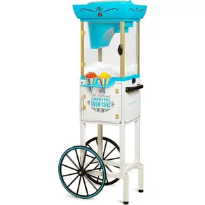 Snow Cone Shaved Ice Machine - Retro Cart Slushie Machine for 48 Icy Treats with Metal Scoop, Storage Compartment & Wheels for Easy Mobility - Steel Kitchen Utensils
