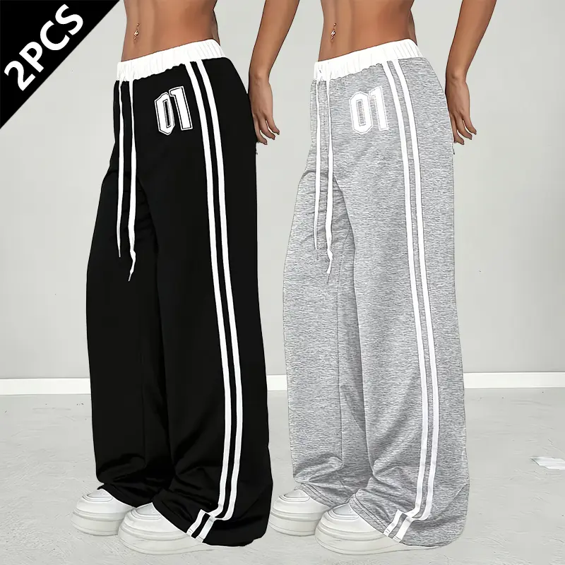 Women’s two-pack casual outdoor long pants with pockets, drawstring running joggers, polyester and spandex blend, slight stretch, digital print, all-season knit fabric joggers