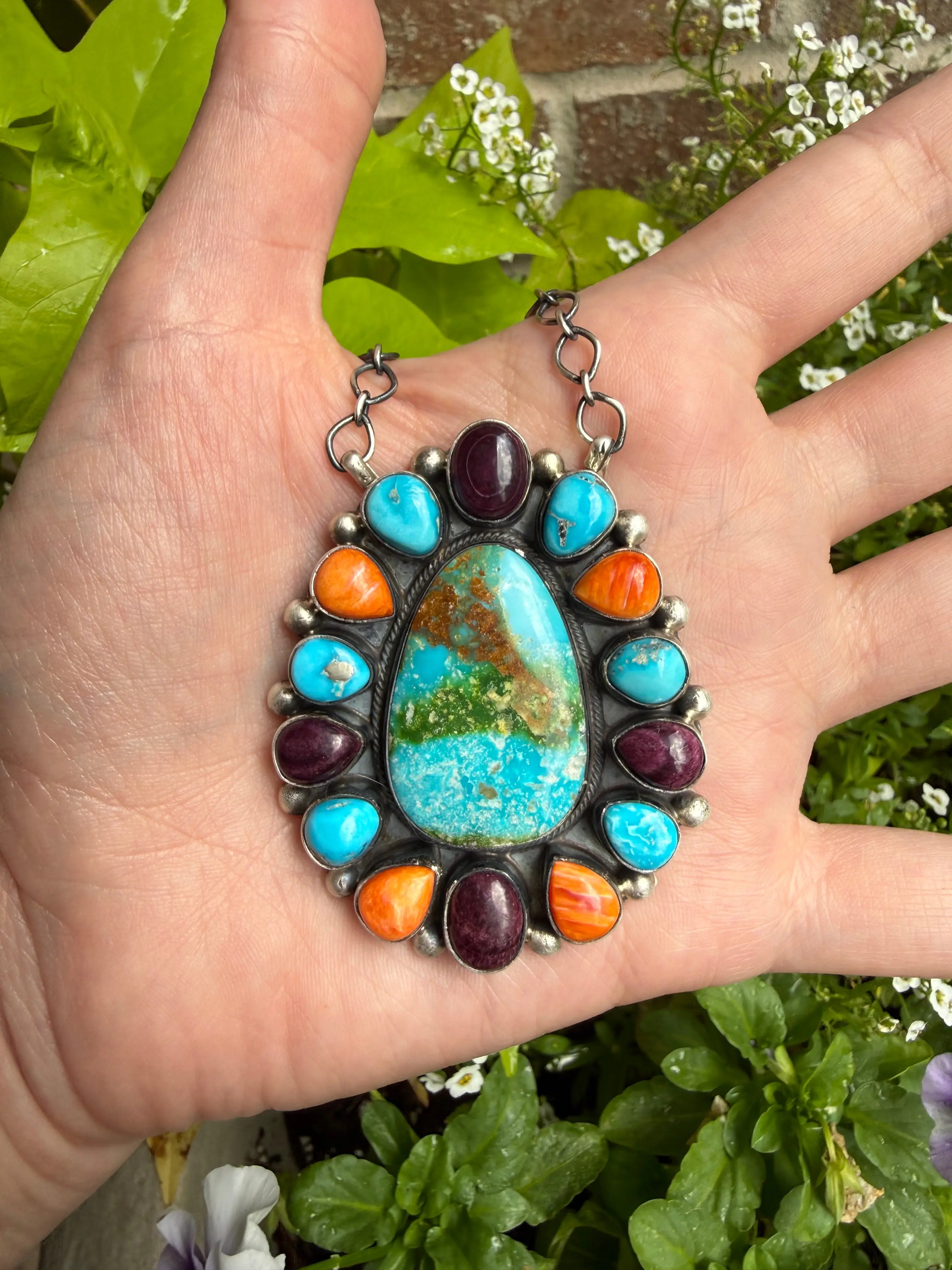 Native Multi Stone Full Flower Cluster Sterling Silver Necklace