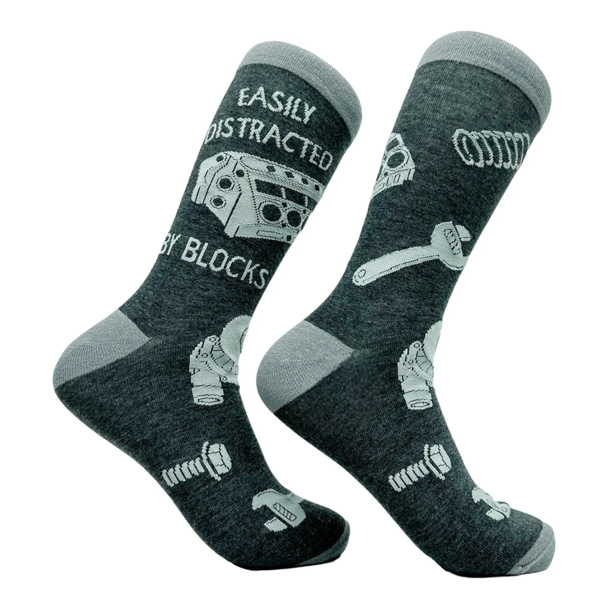 Men's Easily Distracted By Blocks Socks Funny Car Mechanic Engine Lovers Funny Graphic Socks Comfortable Fitted Spandex Cotton