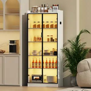 FREDEES Storage Cabinet with Doors Adjustable Shelves - 65" White Tall Kitchen Pantry Organizer with Metal Handle/LED Lights/Human Sensor - 5 Tier Display Bookcase for Bedroom Living Room Office Furniture Modern Design Interior