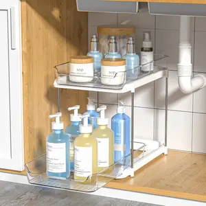 2-Tier Pull-Out Under Sink Organizer, Clear Plastic Storage Drawer with Handles, Anti-Slip Cabinet Organizer for Kitchen, Bathroom, Pantry, Cleaning Supplies, Toiletries, and Spices