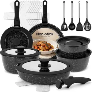 Pots and Pans Set - Non Stick 25 count Cookware Set Pots and Pans with Detachable Handles, Includes Pans, Pots, Utensils, Trivets for Hot Dishes, , Space-Saving Cookware