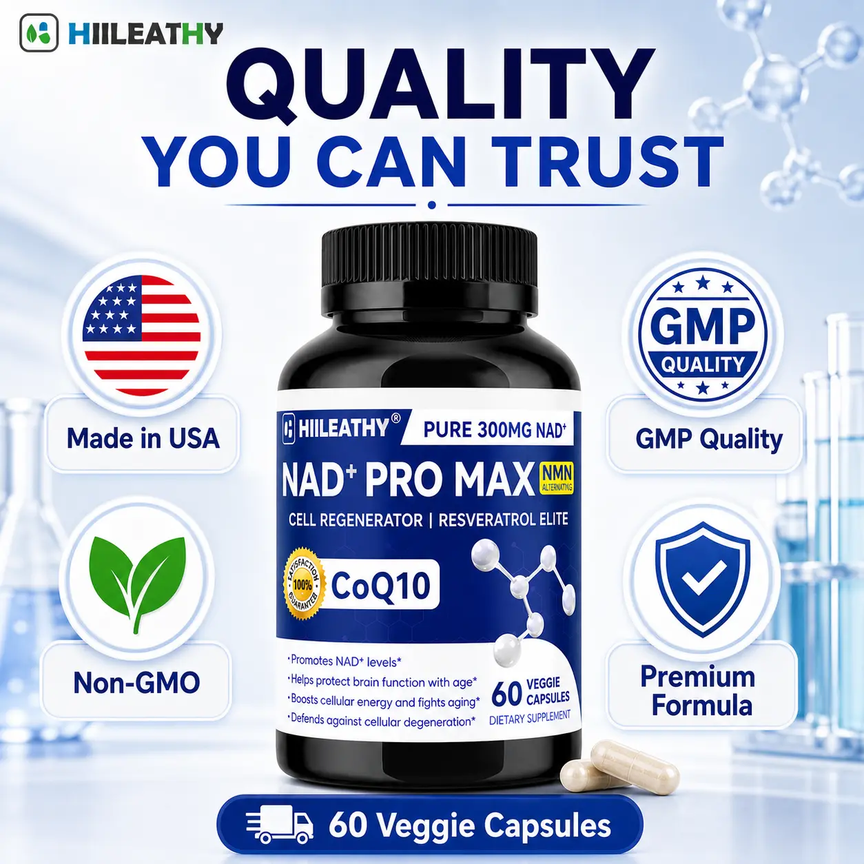 HIILEATHY NAD+ Pro Max | Timeless Daily Nourishing Supplement | 300mg Core Nutrient Complex with NAD+, CoQ10 & Botanical Blend Dietary Fitness Vitamin Natural