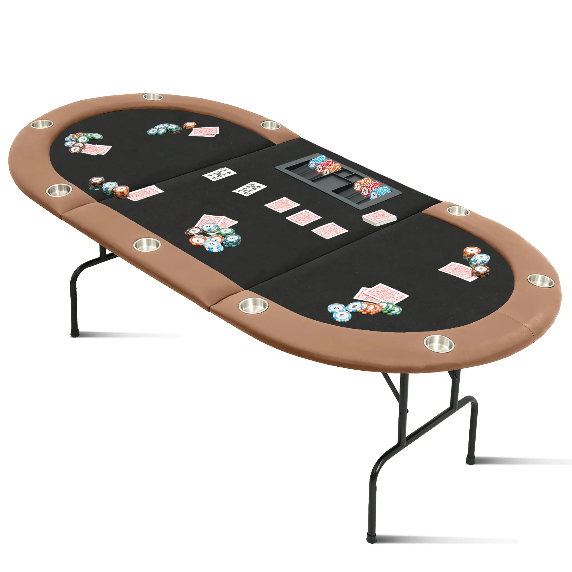 9-Player Portable Poker Table, Texas Holdem Blackjack Table, Blue Steel Legs & Deep Cup Holders, Casino Game Table for Home & Parties
