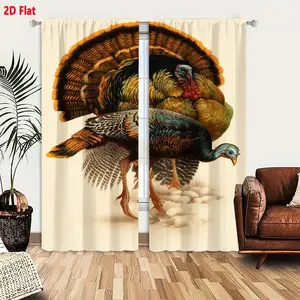 2D Flat 2-Pack Curtains with Nature-Inspired Turkey Design, Light Filtering Sheer & Blackout Combination, Beige Background, Vibrant Feather Patterns for Living Room Bedroom Decor, Home Decoration Curtain