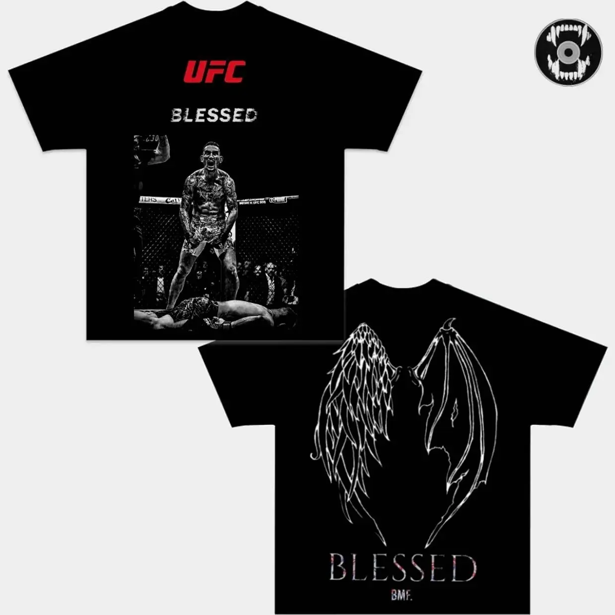 Max Holloway Blessed BMF Double Sided Graphic Tee, UFC Fighter T-Shirt, Angel Demon Wings Back Print Shirt, Vintage MMA Fight Night Fan Merch, Cotton Streetwear Top, Gift Tee for UFC Fans VO9