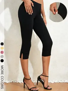 Ladies' Solid Black Capri Trousers, Breathable Soft Fabric Bottoms For Yoga, Running And Everyday Outfits