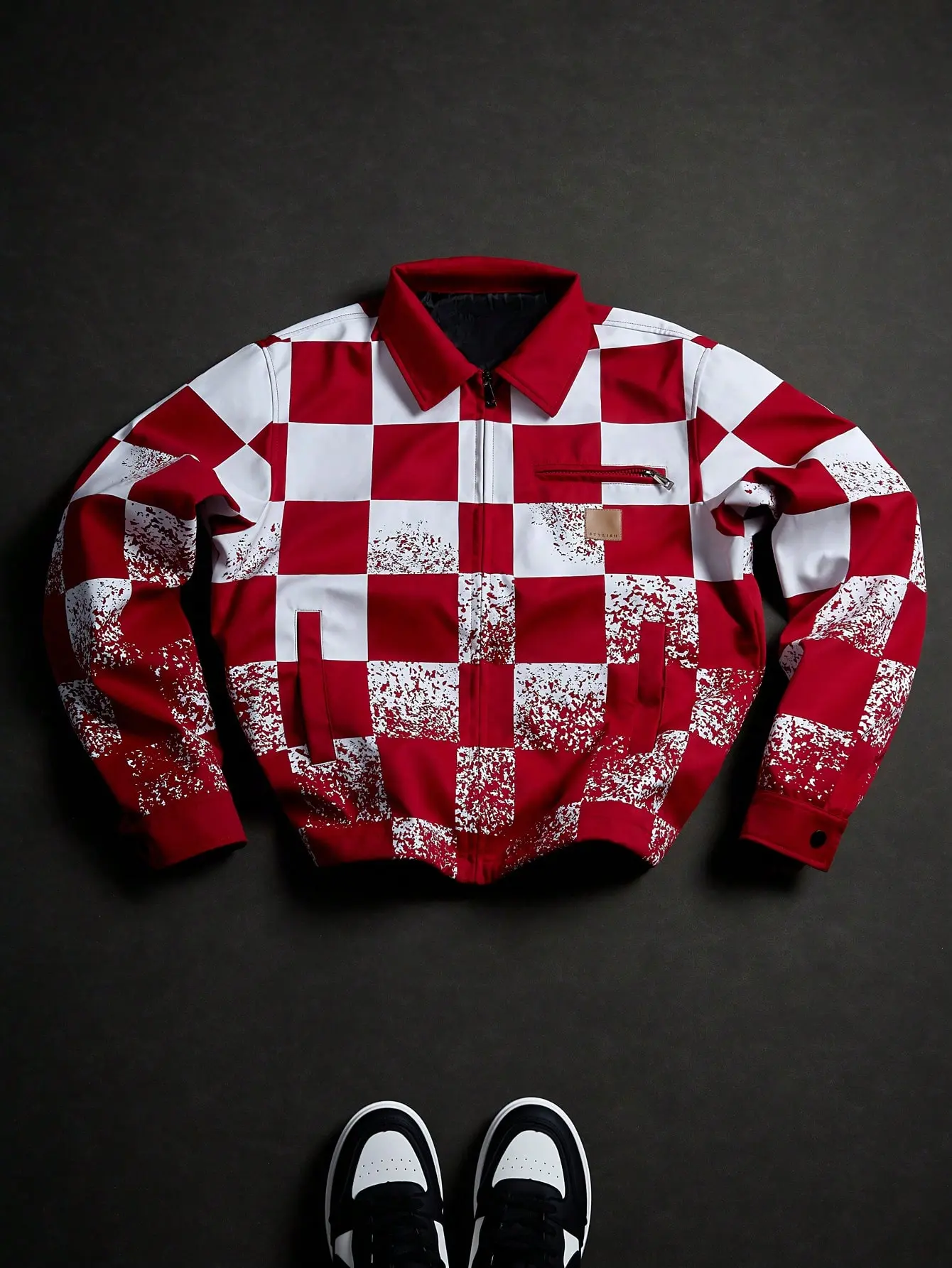 Street fashion athletic jacket featuring a loose fit, checkerboard pattern, tie-dye distressed finish, and reinforced stitching.Durable, wrinkle-resistant, and featuring windproof/rainproof functionality—perfect for creating a high-street, cool street sty