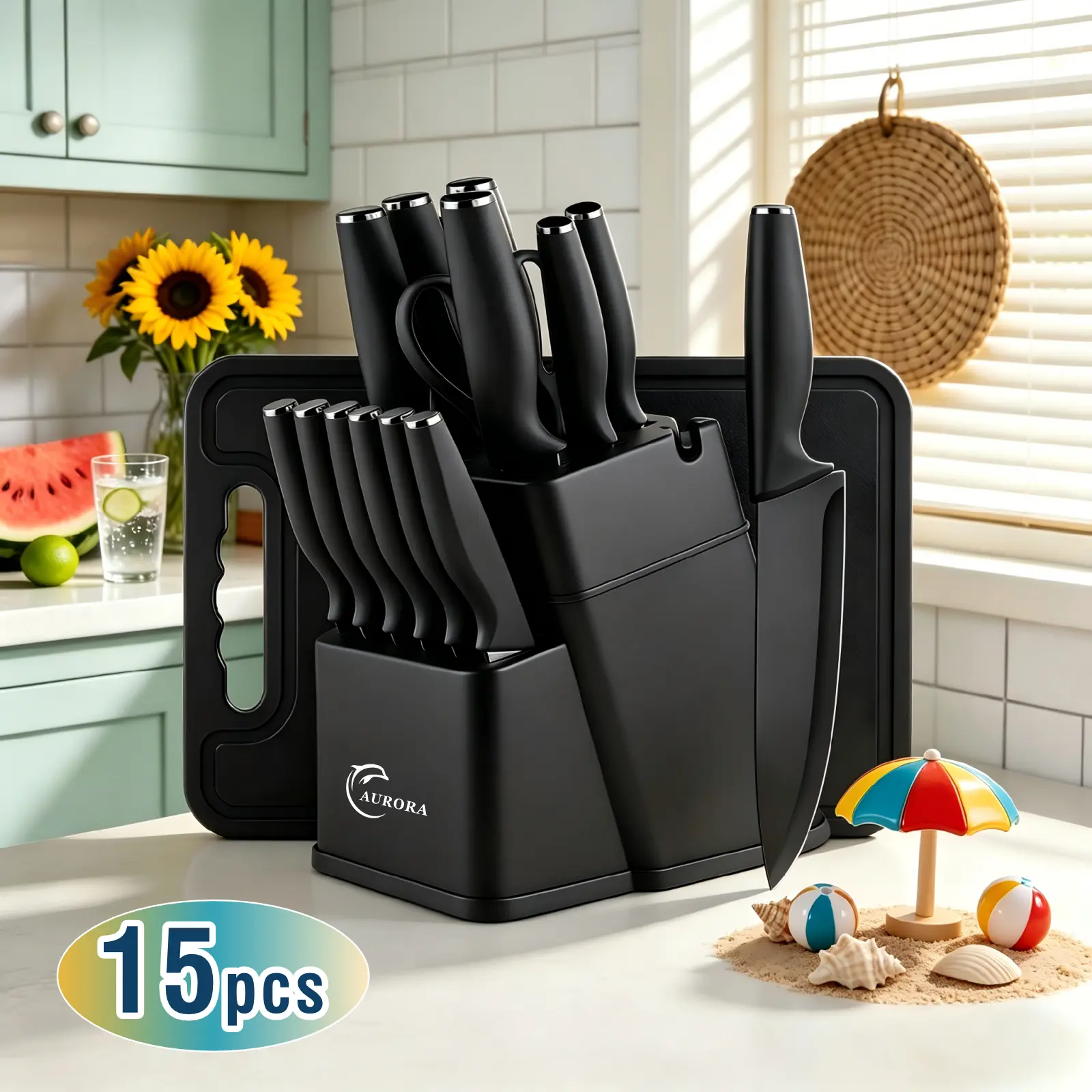 15-Piece Thick Durable Stainless Steel Kitchen Knife Block Set with Built-in Sharpener - Chef, Bread, Steak Blades, Utility Tool, Shears, Ergonomic Plastic Handles, Dishwasher Safe, Ideal Gifting for Home Cooks