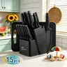 15-Piece Thick Durable Stainless Steel Kitchen Knife Block Set - Built-in Sharpener, Cutting Board, Chef/Bread/Steak Knives, Utility Tool, Shears, Ergonomic Plastic Handles, Dishwasher Safe, Ideal Gift for Home Cooks, 15 Pieces