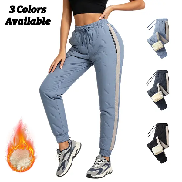 Women Quilted Padded Winter Jogger Pants With Thick Lamb Fleece Lining, Adjustable Drawstring Elastic Waist, Windproof Water Repellent Fabric, Side Zipper Pockets, Contrast Side Stripe, Warm Insulated Snow Pants In 3 Available Colors