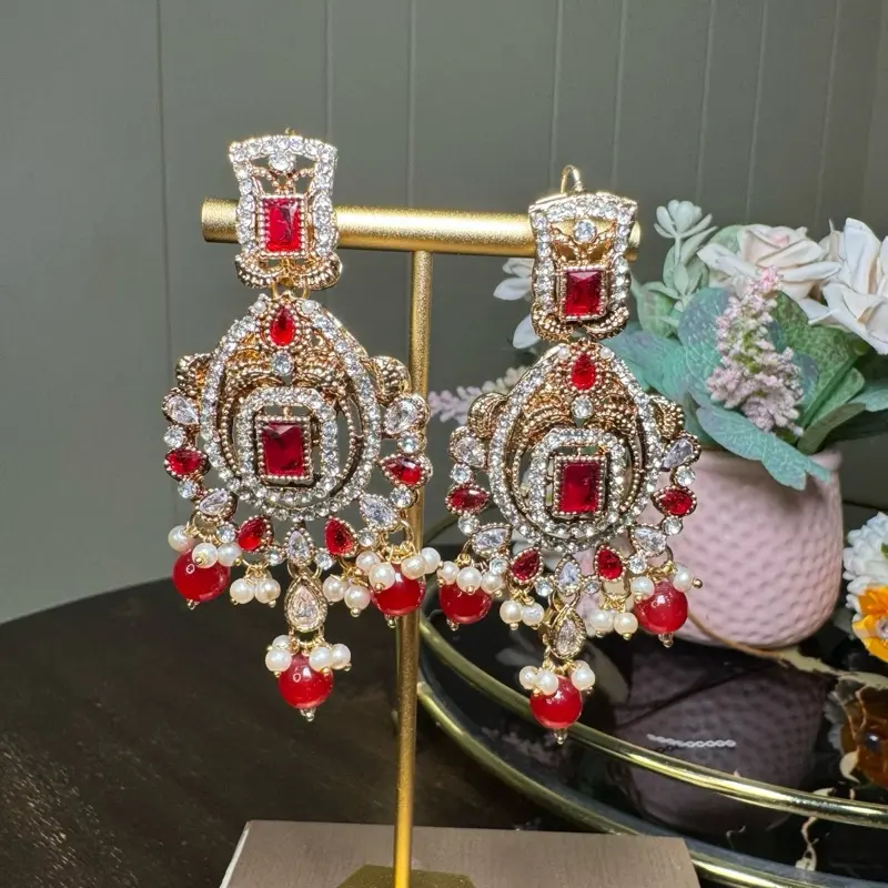 Elegant Jhumka Earrings for Women with Red Gemstones and Pearl Accents Traditional Pakistani/Indian Jewelry
