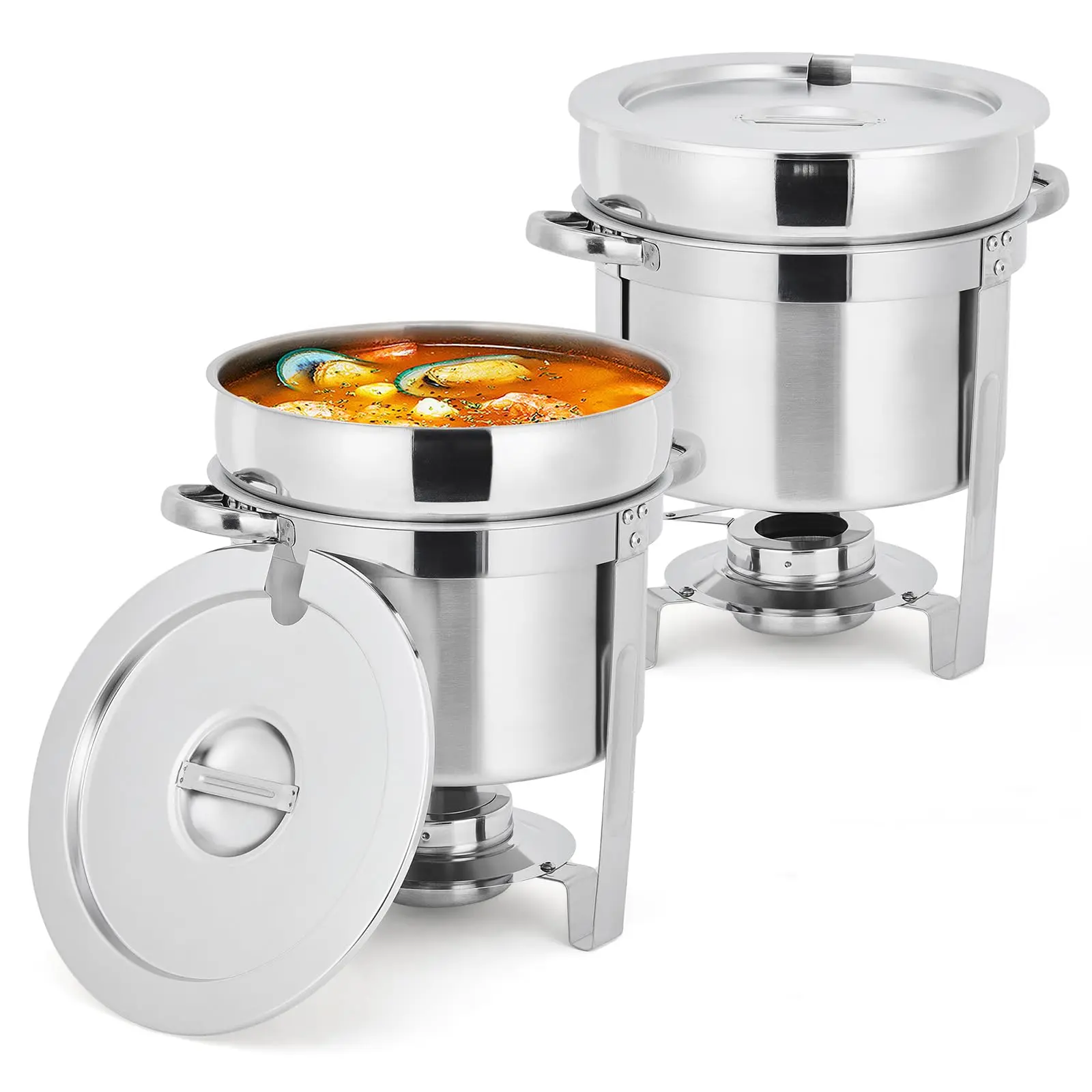 GAOMON 2-Pack 7QT Commercial-Grade Soup Chafer, Stainless Steel Round Camp Kitchen Food Warmers with Pots, Notched Covers, Fuel Holders for Camping Buffet Equipment, Easy Cleaning