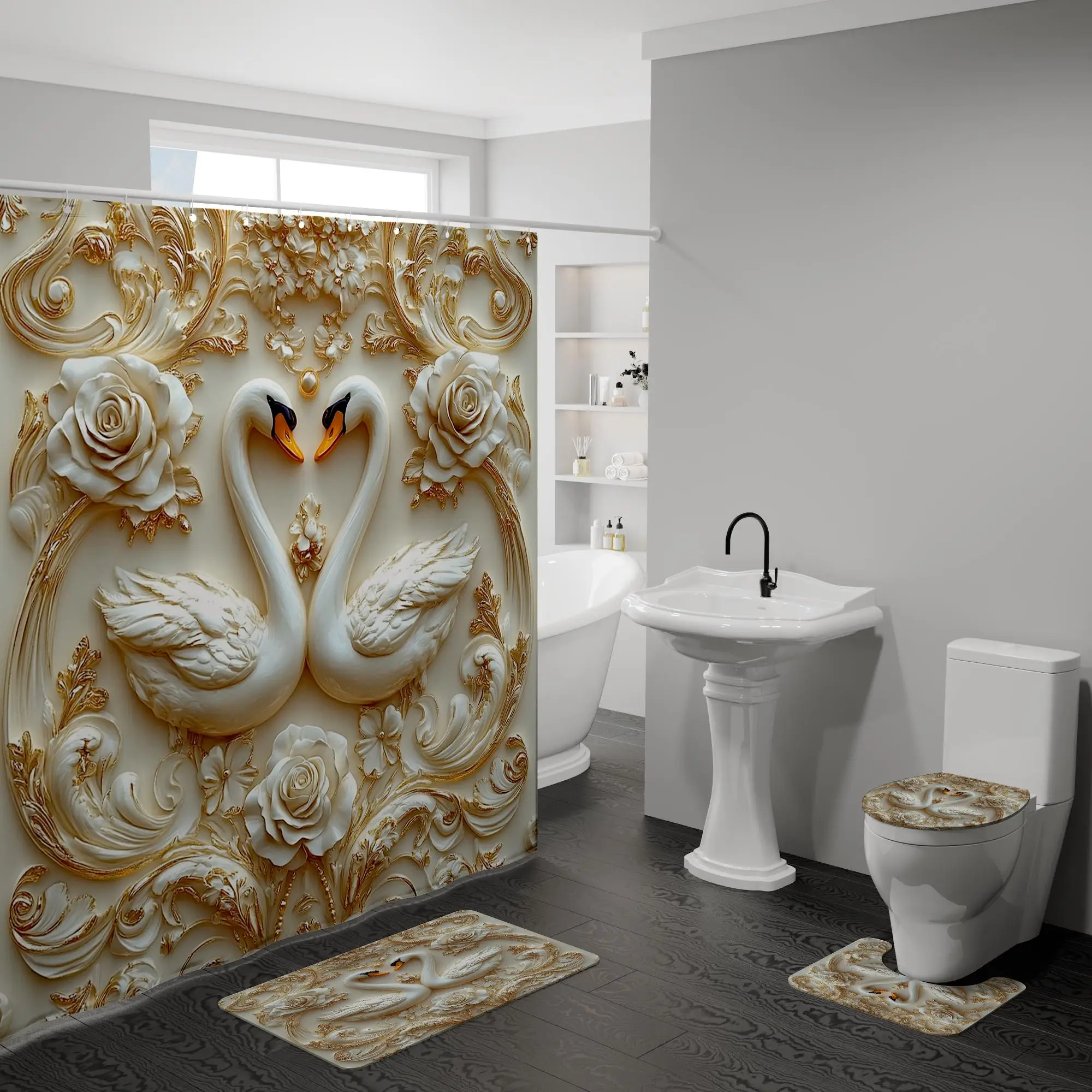 Rose Swan Pattern Bathroom Shower Curtain Sets, 1 Count Bathroom Curtain Or 4 Counts Shower Curtain & U-shaped Mat & Rectangular Mat & Toilet Lid Cove