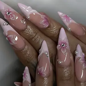 Delicatething Y2K Style Nail Set, Acrylic Fake Nails, Handmade French Design Nail Art Design, Includes Jelly Glue, Crystal Stick, File, Perfect Gift for Women