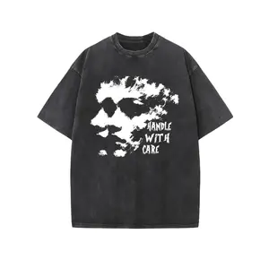 Oversized Men's Black TShirt Featuring White Abstract Stenciled Face and Handle with Care Graphic Casual Streetwear Tee Loose Fit Round Neck Short Sleeve AllSeason Comfort Durable Digital Print