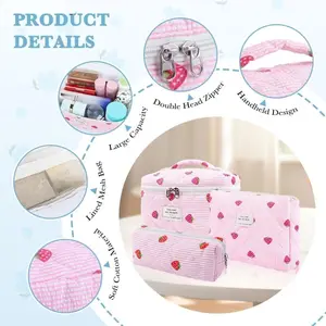 3Pcs Quilted Makeup Bag Set, Cute Strawberry Print Cosmetic Pouch, Large Travel Toiletry Organizer, Aesthetic Pencil Case for Women Girls