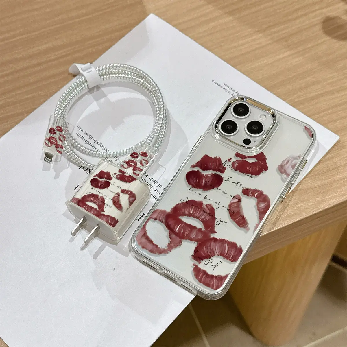 iPhone Case Set Metal Frame Transparent Lip Print, Charging Head Cover, Data Cable Protector, Shockproof, Fits iPhone 15/16 Series