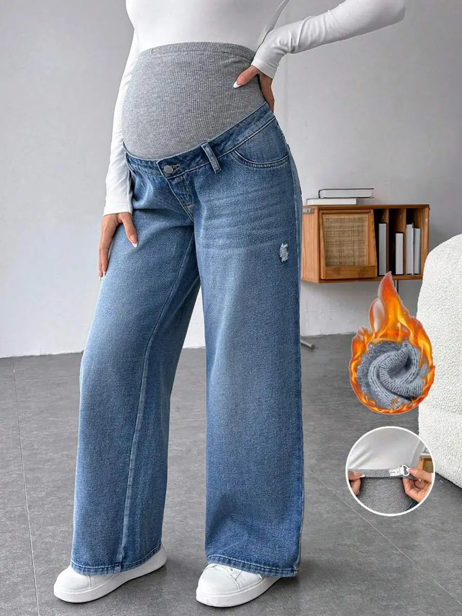 Maternity Colorblock Jeans, Loose Fit Straight Leg Denim with an Elastic Waist, Zipper, and Button Details, Casual Wear, Zipper Button, Cotton, Long, Modal, Machine Wash, Multi-Size, S, Long Length