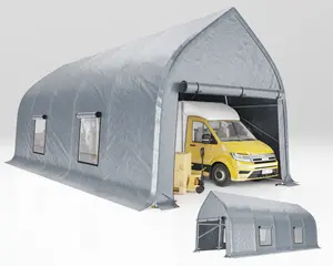 VanAcc 12 x 30ft Walnut-Shaped Snow-Resistant Outdoor Carport with Galvanized Steel Frame, Roll-Up Doors & Mesh Windows, Outdoor Canopy with Reinforced Ground Stacks, for Truck & Boat, Silver Gray