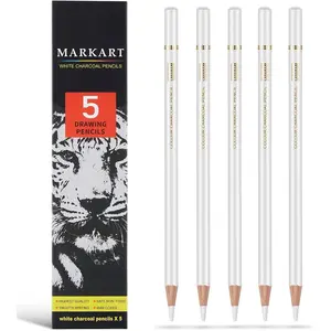 Professional White Charcoal Pencils Set, 5 Pieces Sketch Highlight Charcoal Pencils for Drawing, Sketching, Shading, Blending, White Chalk Pencils for Beginners & Artists