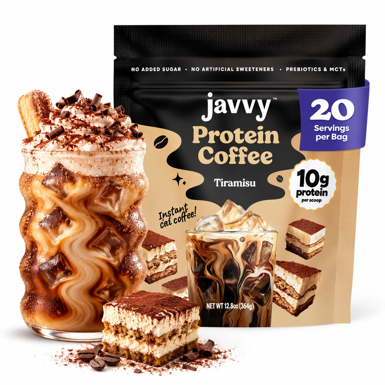 Javvy Tiramisu  Protein Iced Coffee Beverage - Premium Arabica Cold Brew, Whey Protein, 80 mg Caffeine Per Serving, 0 Artificial Flavors/Sweeteners, No Added Sugar, 20 Servings Instant Coffee
