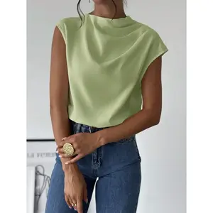 Women's Minimalist Elegant Office Commuting Outfit White Stand Collar Asymmetric Shoulder Pleated Fitted Shirt