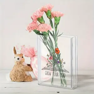 1 Transparent Acrylic Book-Shaped Vase - Leak-Proof & Durable Rectangular Vase with "Grow Your Mind" Floral Design, Book Lover Gift, Home Decor Centerpiece for Birthdays, Holidays, Desk Shelf Display - Contemporary Decorative Vase for Flowers & Plants