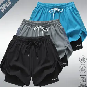 3-pack unisex faux two-piece quick-dry athletic shorts designed to prevent exposure; American professional running/fitness style. Ice-cool, breathable, skin-friendly fabric that feels cool, wicks sweat, doesn’t cling, and has an elastic drawstring waistba